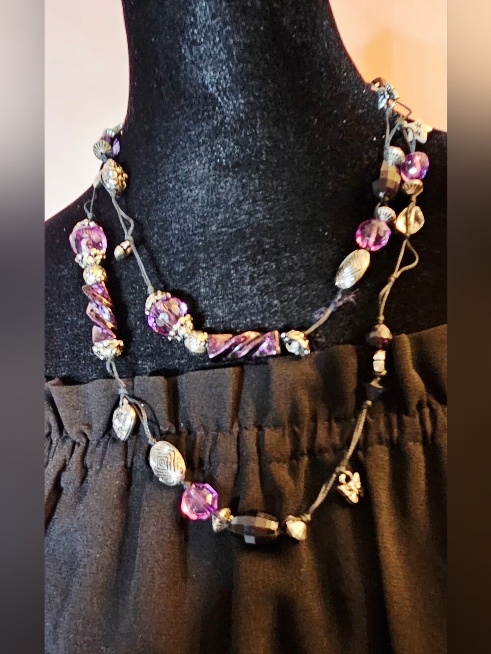 CECIL Vintage Boho Purple & Silver Long Beaded Cord Necklace